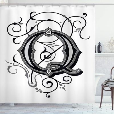 Ambesonne Initial Q Shower Curtain, Monochrome Medieval Style Flowers Flourishing Gothic Swirls Typography, Cloth Fabric Bathroom Decor Set with Hooks, 69" W x 70" L, White Black and Grey