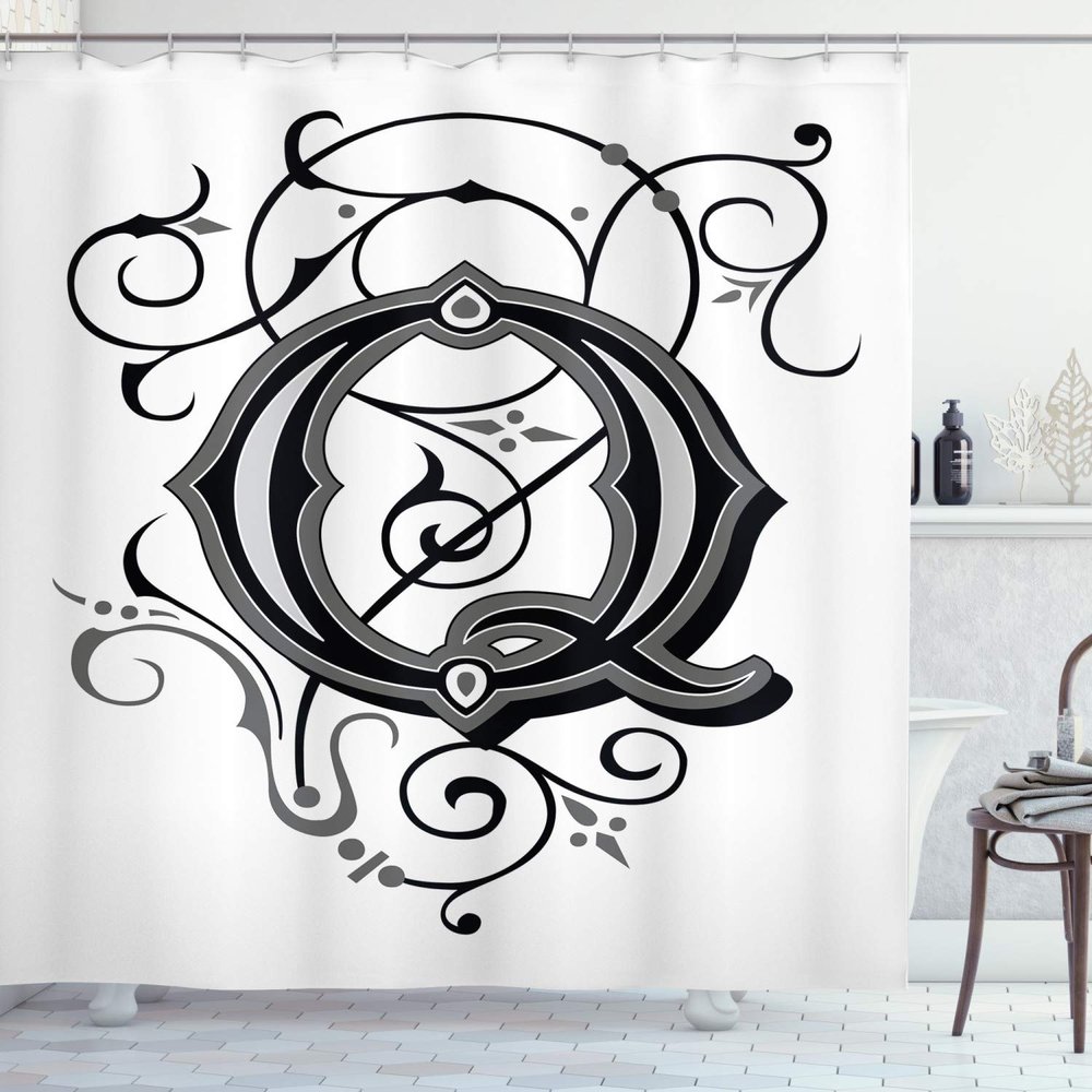 Ambesonne Initial Q Shower Curtain, Monochrome Medieval Style Flowers Flourishing Gothic Swirls Typography, Cloth Fabric Bathroom Decor Set with Hooks, 69" W x 70" L, White Black and Grey