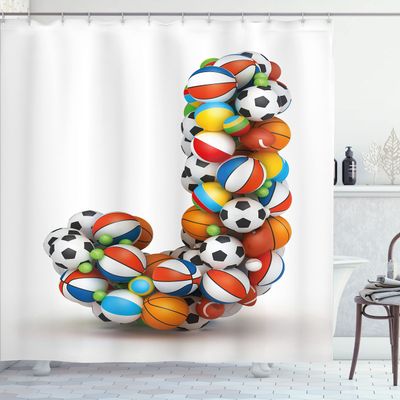 Ambesonne Letter J Shower Curtain, Letter J Capitalized Sportings Basketball Football Pigskin Fun Games Design, Cloth Fabric Bathroom Decor Set with Hooks, 69" W x 75" L, Marigold Multicolor