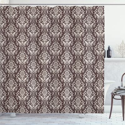 Ambesonne Damask Shower Curtain, Wildflowers with Symmetric Leaves Vintage Arrangement Curls and Swirls Design, Cloth Fabric Bathroom Decor Set with Hooks, 69" W x 75" L, Dark Brown