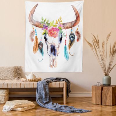 Ambesonne Feather Tapestry, Watercolor Style Bull Skull Ornaments Vibrant Image, Wall Hanging for Bedroom Living Room Dorm Decor, 40" X 60", White Brown