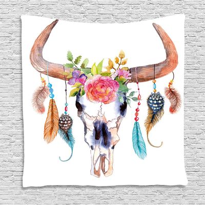 Ambesonne Feather Tapestry, Watercolor Style Bull Skull Ornaments Vibrant Image, Wall Hanging for Bedroom Living Room Dorm Decor, 60" X 80", White Brown