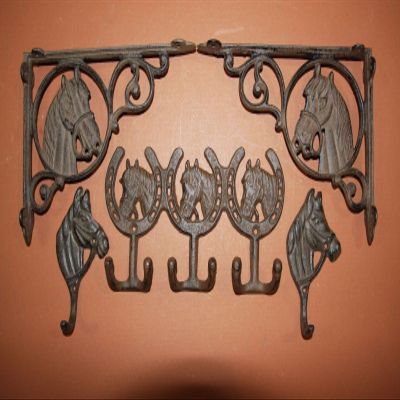 Vintage Look Equestrian Wall Decor, Shelf Brackets Wall Hooks Set, Solid Cast Iron - Bundle 5 Items