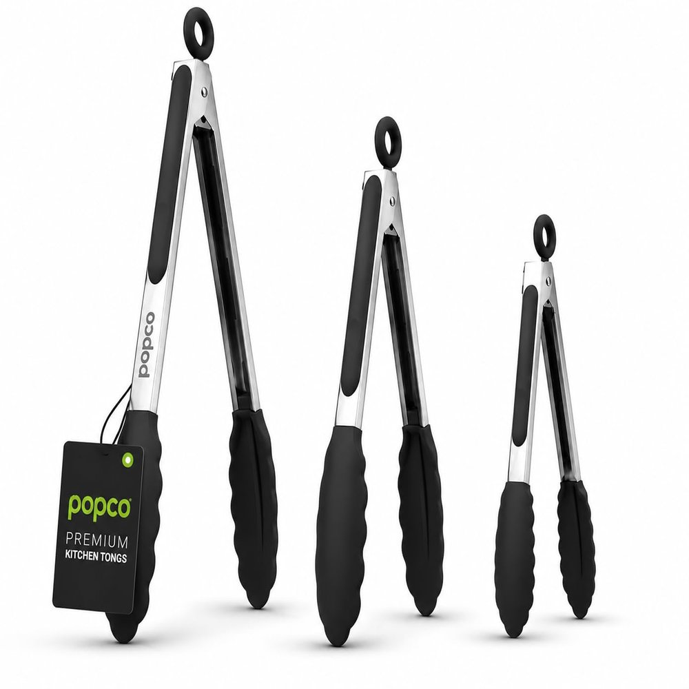 Popco 3-Piece Kitchen Tongs Set Stainless Steel Heat Resistant Silicone Tips, Strong Comfort Grip, 3 Sizes (7, 9, 12 Inch), Non-Scratch, Dishwasher Safe, For Cooking, BBQ, Salad