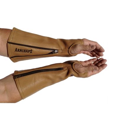 Arm Chaps Leather Protective Sleeves Arm Guard - Prevent Cuts, Scratches & Bruises - Genuine Cowhide - Ideal for Gardening & Construction - Left & Right Form-Fitting. Brown (1 Pair/X-Large).