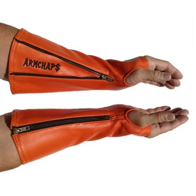 Arm Chaps Leather Protective Sleeves Arm Guard - Prevent Cuts, Scratches & Bruises - Genuine Cowhide - Ideal for Gardening & Construction - Left & Right Form-Fitting. Orange (1 Pair/Medium).