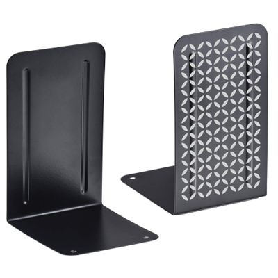 Acrimet Bookends for Shelves, Non-Skid Book Holder, Heavy Duty Steel Metal Book Ends for Home, Library, 6 7/8" H x 4" W x 4 1/2" D (Black Bookends with Silver Design) (1 Pair / 2 Pieces)