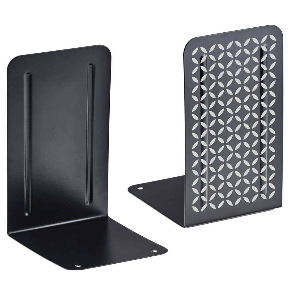 Acrimet Bookends for Shelves, Non-Skid Book Holder, Heavy Duty Steel Metal Book Ends for Home, Library, 6 7/8" H x 4" W x 4 1/2" D (Black Bookends with Silver Design) (1 Pair / 2 Pieces)