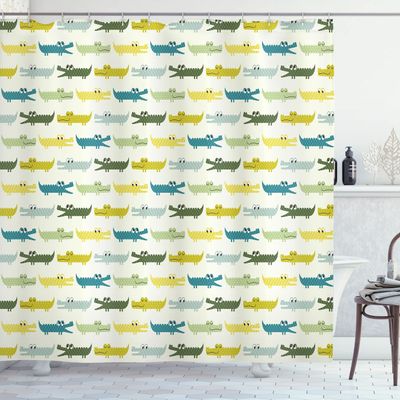 Ambesonne Animal Shower Curtain, Crocodile Characters in Cartoon Style Funny Faces Animal Alligators, Cloth Fabric Bathroom Decor Set with Hooks, 69" W x 84" L, Yellow Green Teal
