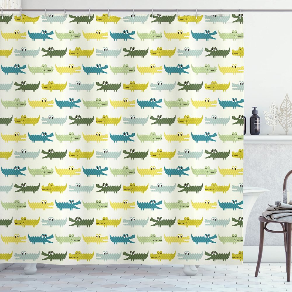 Ambesonne Animal Shower Curtain, Crocodile Characters in Cartoon Style Funny Faces Animal Alligators, Cloth Fabric Bathroom Decor Set with Hooks, 69" W x 84" L, Yellow Green Teal