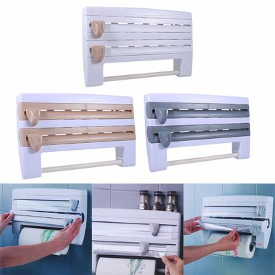 Smart Kitchen 4in 1 4 in 1 wall mount paper towel holder,Foil Film Wrap Tissue Paper Dispenser Bathroom Toilet Kitchen ABS Hanging Roll Paper Holder Rack Storage Shelf by SHOPIDEALY (Khaki)