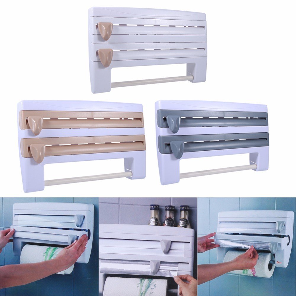 Smart Kitchen 4in 1 4 in 1 wall mount paper towel holder,Foil Film Wrap Tissue Paper Dispenser Bathroom Toilet Kitchen ABS Hanging Roll Paper Holder Rack Storage Shelf by SHOPIDEALY (Khaki)
