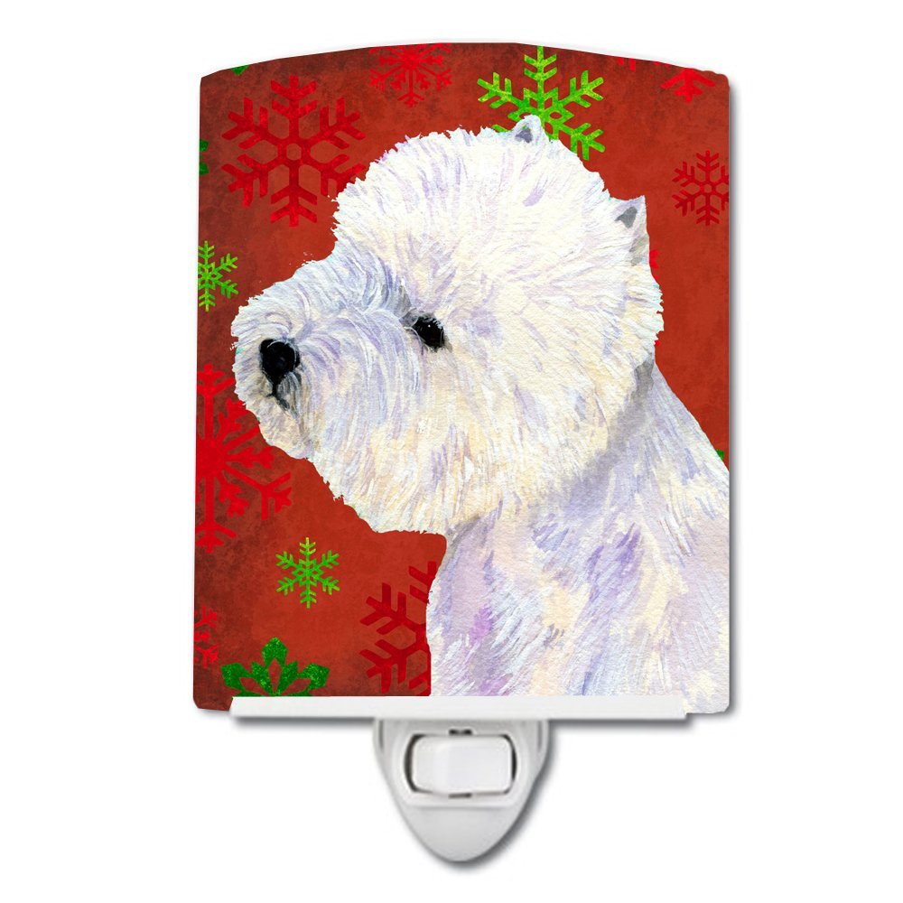 Caroline's Treasures LH9315CNL Westie Red and Green Snowflakes Holiday Christmas Ceramic Night Light Compact, UL-Certified, Ideal for Bedroom, Bathroom, Nursery, Hallway, Kitchen, 6x4x3, Multicolor