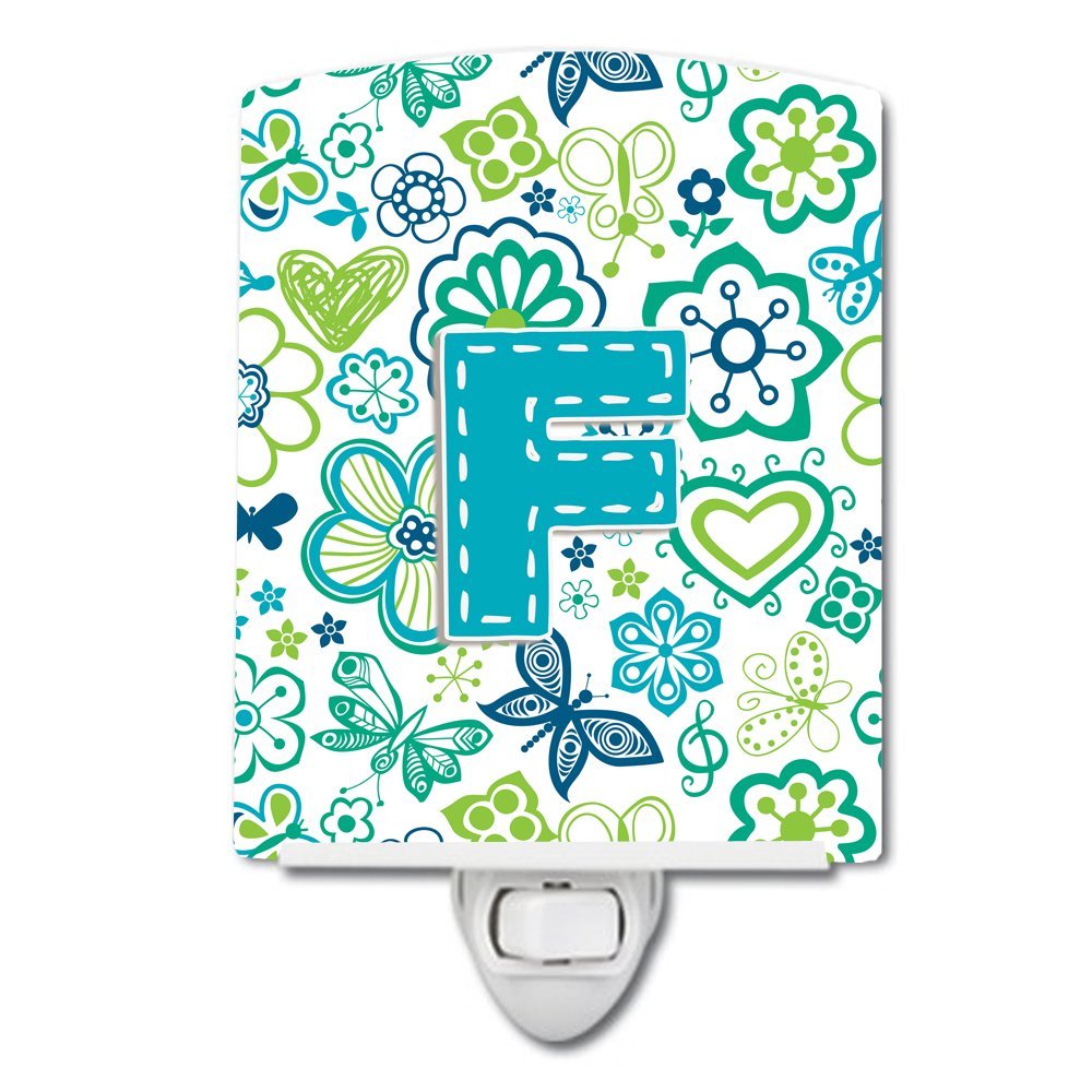 Caroline's Treasures CJ2006-FCNL Letter F Flowers & Butterflies Teal Blue Letter F Flowers Teal Blue Night Light, Multicolor, 6x4