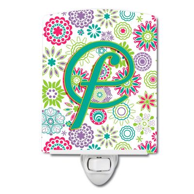 Caroline's Treasures CJ2011-FCNL Letter F Flowers Pink Teal Green Initial Letter F Flowers Pink Teal Initial Night Light, Multicolor, 6x4