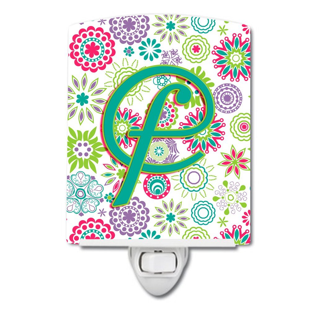 Caroline's Treasures CJ2011-FCNL Letter F Flowers Pink Teal Green Initial Letter F Flowers Pink Teal Initial Night Light, Multicolor, 6x4