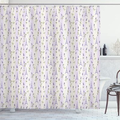 Ambesonne Paris Shower Curtain, Floral Arrangement with Lavender Flowers on Soft Stripes City, Cloth Fabric Bathroom Decor Set with Hooks, 69" W x 75" L, Pale Green Lavender