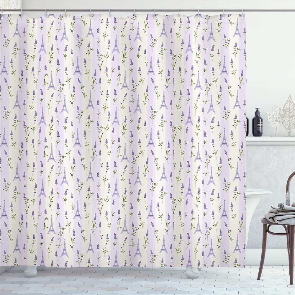 Ambesonne Paris Shower Curtain, Floral Arrangement with Lavender Flowers on Soft Stripes City, Cloth Fabric Bathroom Decor Set with Hooks, 69" W x 75" L, Pale Green Lavender