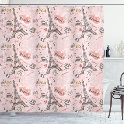 Ambesonne Paris Shower Curtain, Romantic Elements from The Capital City of The France Croissant Muffin Macaroon Paris, Cloth Fabric Bathroom Decor Set with Hooks, 69" W x 70" L, Rose Grey