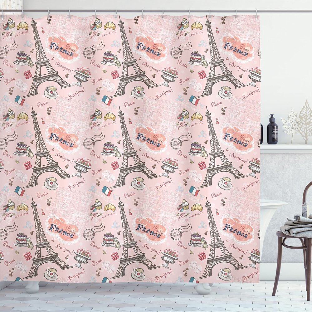Ambesonne Paris Shower Curtain, Romantic Elements from The Capital City of The France Croissant Muffin Macaroon Paris, Cloth Fabric Bathroom Decor Set with Hooks, 69" W x 70" L, Rose Grey