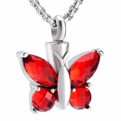 JC8497 Multi-Colored Crystal Wing Butterfly Stainless Steel Cremation Jewelry Pendants for Pet (Red Stone)