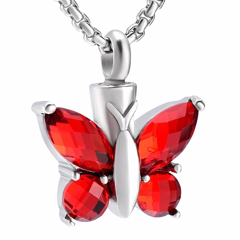 JC8497 Multi-Colored Crystal Wing Butterfly Stainless Steel Cremation Jewelry Pendants for Pet (Red Stone)