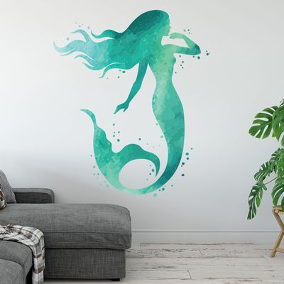 West Mountain Mermaid Wall Decal - Aqua Watercolors - Bathroom Wall Decal - Beach House Vinyl Wall Sticker - 44''H x 32''W