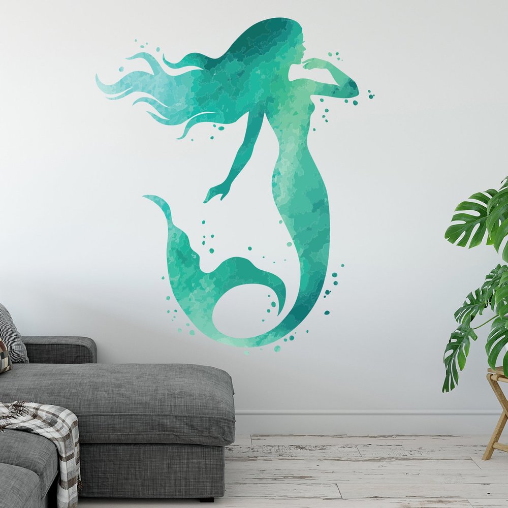 West Mountain Mermaid Wall Decal - Aqua Watercolors - Bathroom Wall Decal - Beach House Vinyl Wall Sticker - 44''H x 32''W