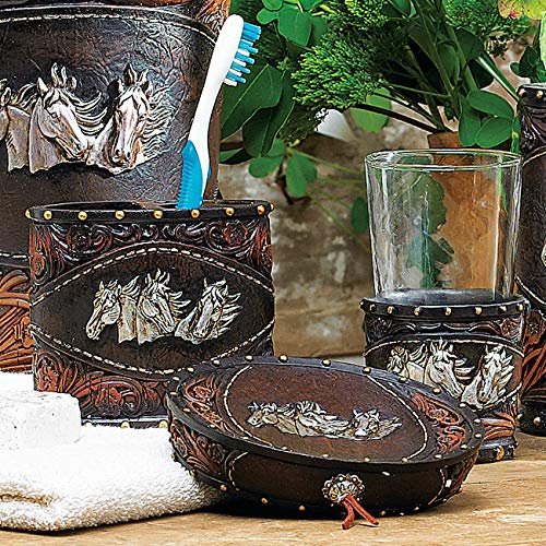 BLACK FOREST DECOR Horse Tooled Leather Bath Set (3 pcs), Includes Tumbler (3" Dia