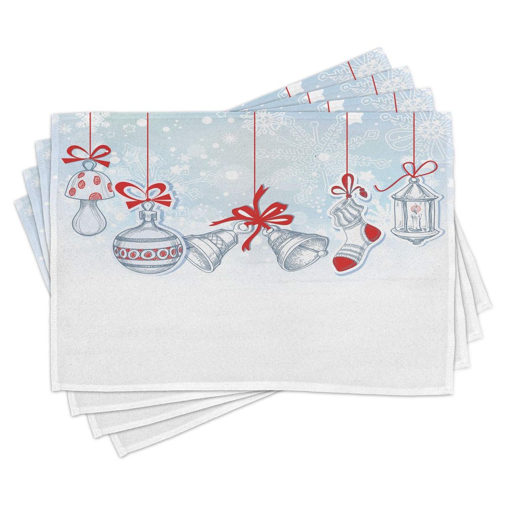Ambesonne Christmas Place Mats Set of 4, Retro Style Famous Socks for Toy and Candy Bells and Snowflake Graphic, Washable Fabric Placemats for Dining Table, Standard Size, White Orange