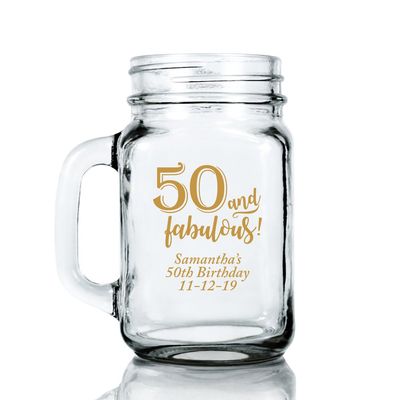 Personalized Color Printed 16-ounce Mason Mug - 50 and Fabulous - Gold - 72 pack
