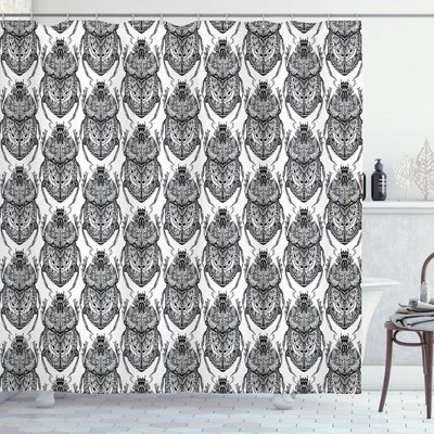 Ambesonne Egyptian Print Shower Curtain, Hand Drawn Scarabs Mythological Doodle Bugs Insect Beetle Tattoo, Cloth Fabric Bathroom Decor Set with Hooks, 69" W x 84" L, White Charcoal