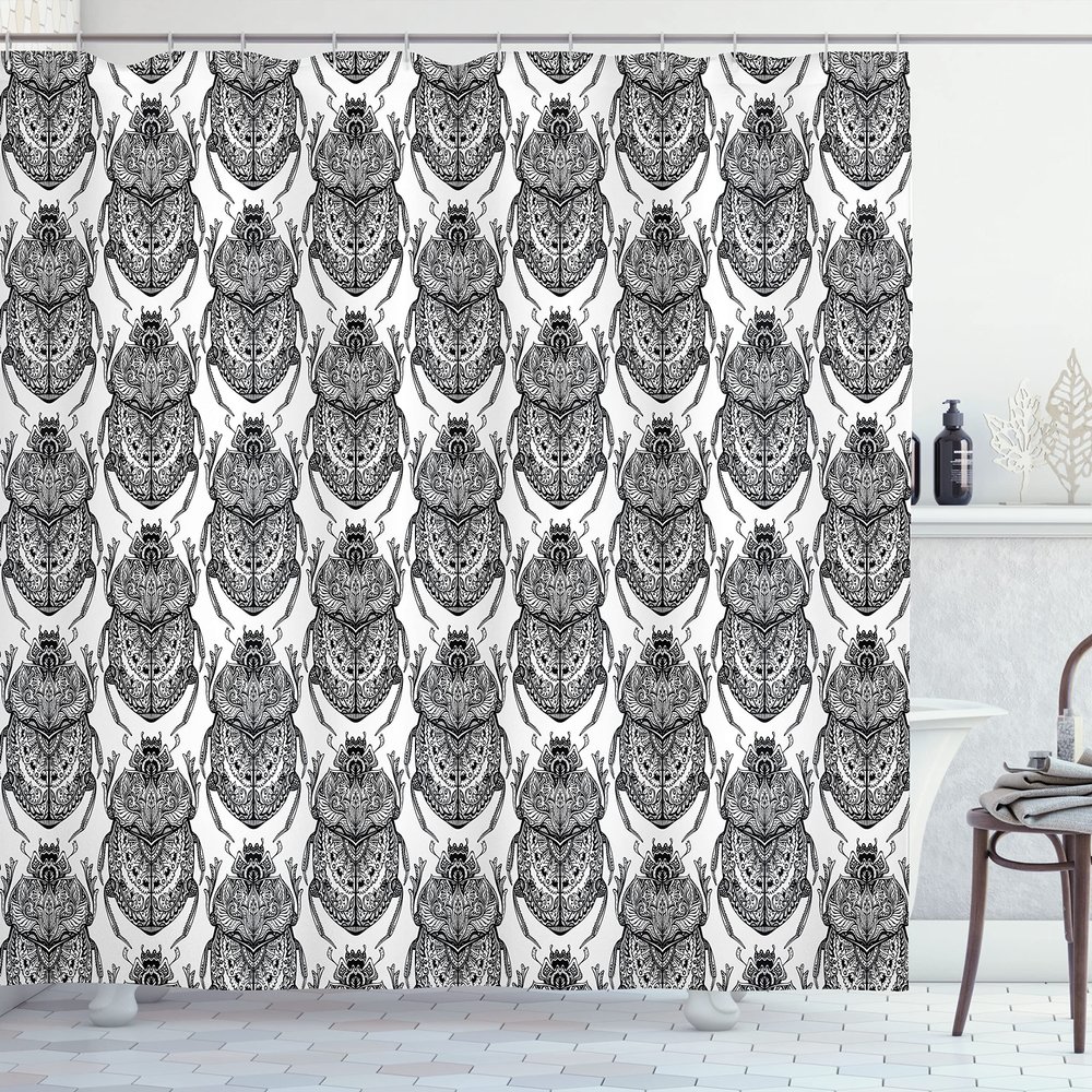 Ambesonne Egyptian Print Shower Curtain, Hand Drawn Scarabs Mythological Doodle Bugs Insect Beetle Tattoo, Cloth Fabric Bathroom Decor Set with Hooks, 69" W x 84" L, White Charcoal