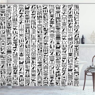 Ambesonne Egyptian Print Shower Curtain, Egyptian Hieroglyphic Writing Monochrome Composition Old Signs, Cloth Fabric Bathroom Decor Set with Hooks, 69" W x 75" L, Charcoal and White