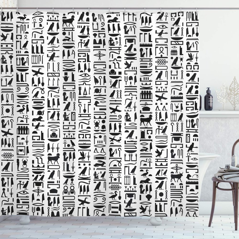 Ambesonne Egyptian Print Shower Curtain, Egyptian Hieroglyphic Writing Monochrome Composition Old Signs, Cloth Fabric Bathroom Decor Set with Hooks, 69" W x 75" L, Charcoal and White