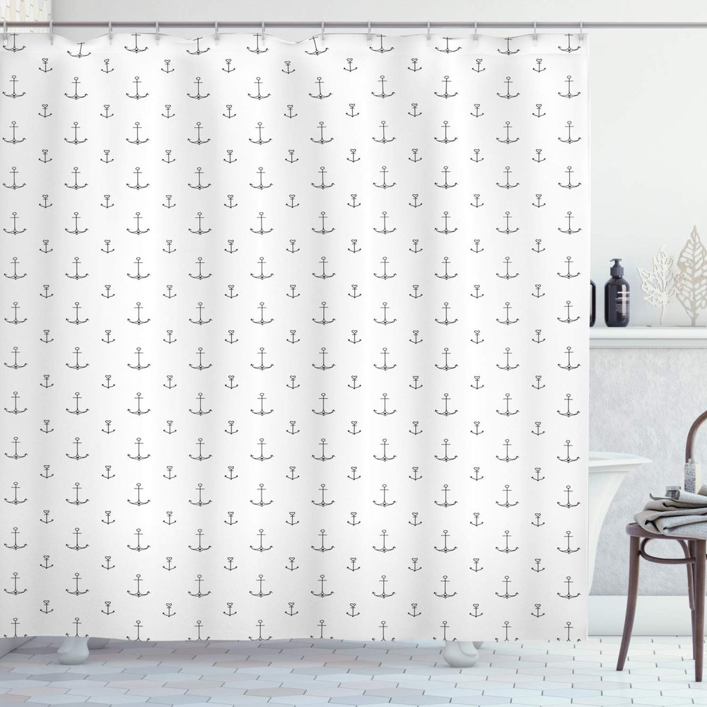 Ambesonne Anchor Shower Curtain, Retro Tattoo Style Hand Drawn Style Nautical Pattern Hipster Retro Art Design, Cloth Fabric Bathroom Decor Set with Hooks, 69" W x 84" L, Black White
