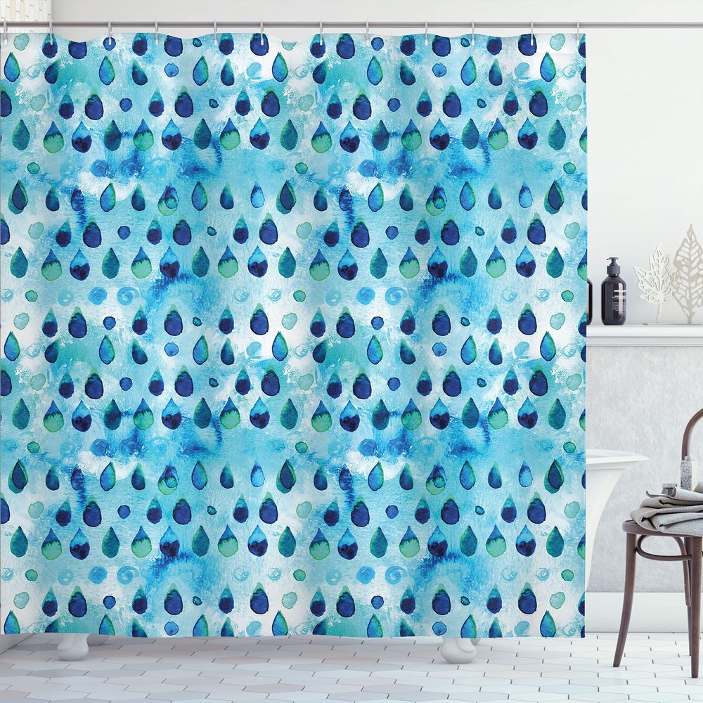 Ambesonne Navy and Teal Shower Curtain, Abstract Blue Watercolor Drops Aquarelle Art Rain Teardrop Quirky, Cloth Fabric Bathroom Decor Set with Hooks, 69" W x 84" L, Turquoise Navy