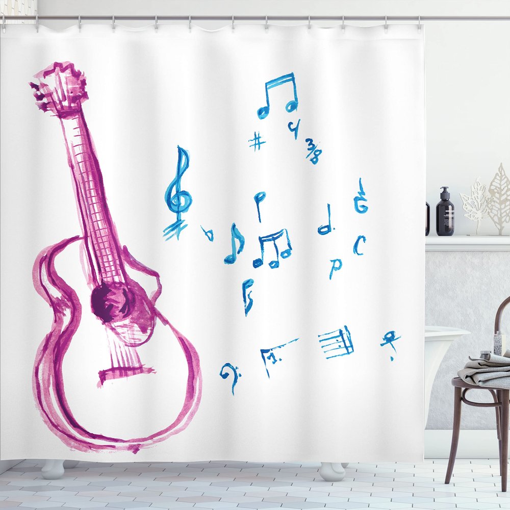 Ambesonne Guitar Shower Curtain, Watercolor Musical Instrument with Notes Sheet Elements Brush Stroke Effect, Cloth Fabric Bathroom Decor Set with Hooks, 69" W x 75" L, Magenta Blue White