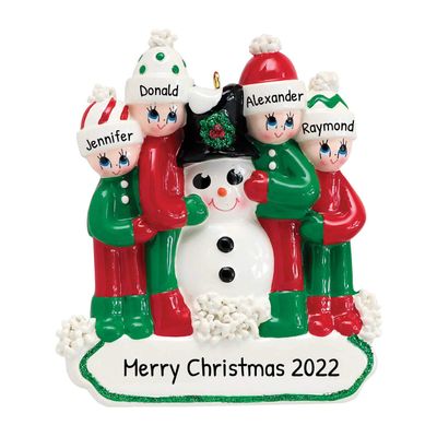 3D Building Snowman Family of 4 Ornament 2025 Personalized Family Christmas Ornaments 2025 | North Pole Frosty Hug Personalized Tree Ornaments for Grandchildren, Siblings & Grandkids of Four Ornament
