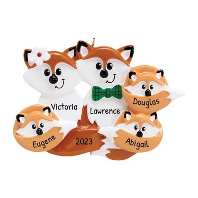 3D Fox Family of 5 Christmas Ornament 2025 Personalized Family Christmas Ornaments 2025 | Custom Holiday Foxes Personalized Tree Ornaments Customizable Gifts of Woodland Animal of Five Ornament