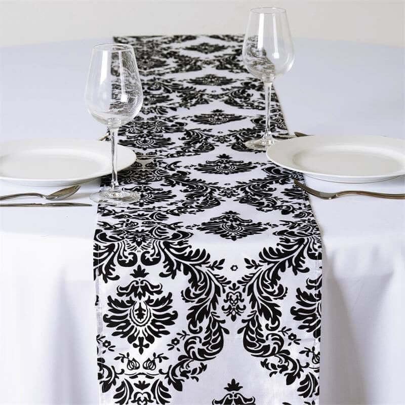 Efavormart 5PCS of Black Damask Flocking Premium Table Top Runner for Weddings Party Banquet Decor Fit Rectangle and Round Table