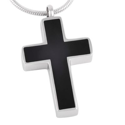 Oinsi Black Enamel Cross memorial keepsake jewelry Stainless Steel Cremation Urn Necklace For Men (Silver Tone)