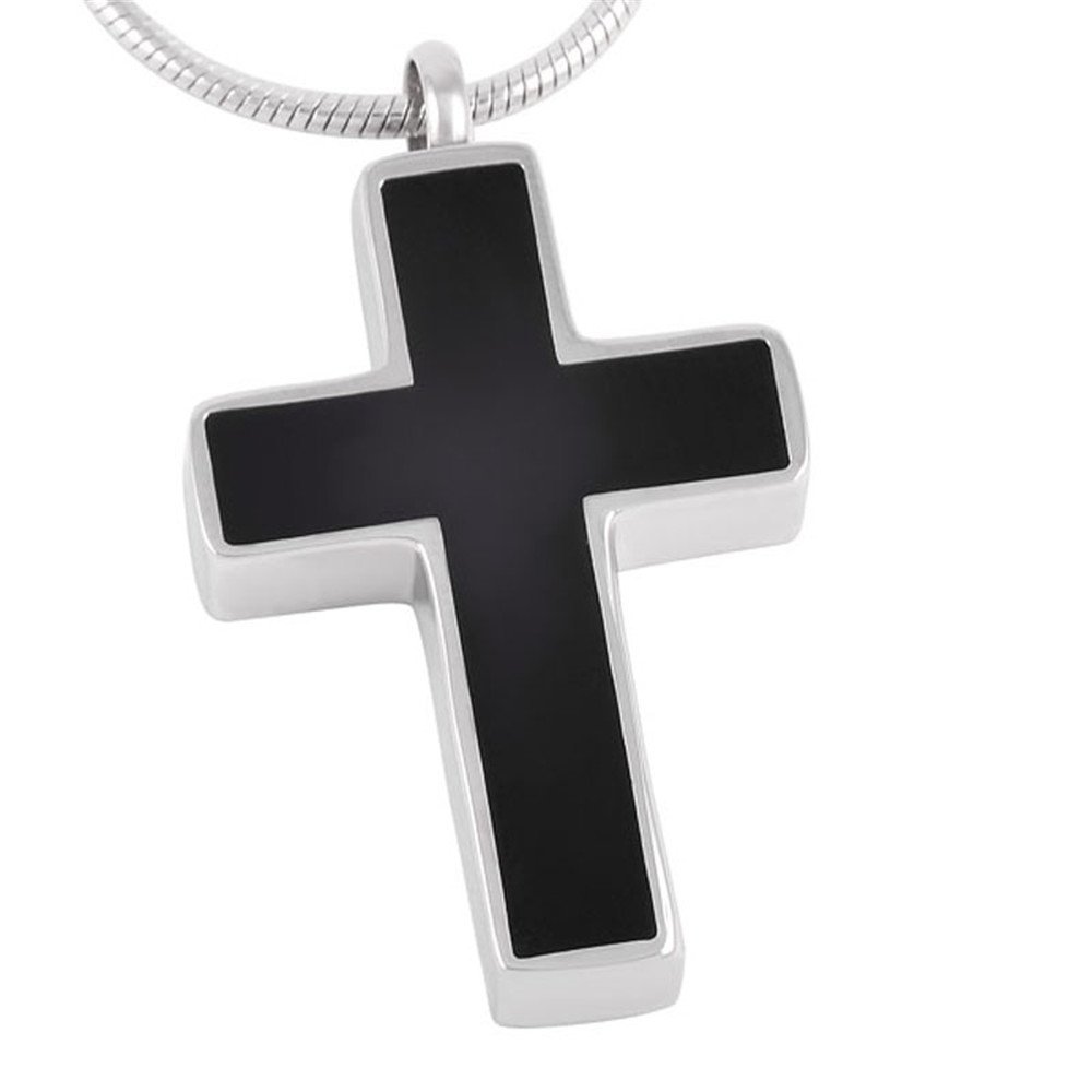 Oinsi Black Enamel Cross memorial keepsake jewelry Stainless Steel Cremation Urn Necklace For Men (Silver Tone)