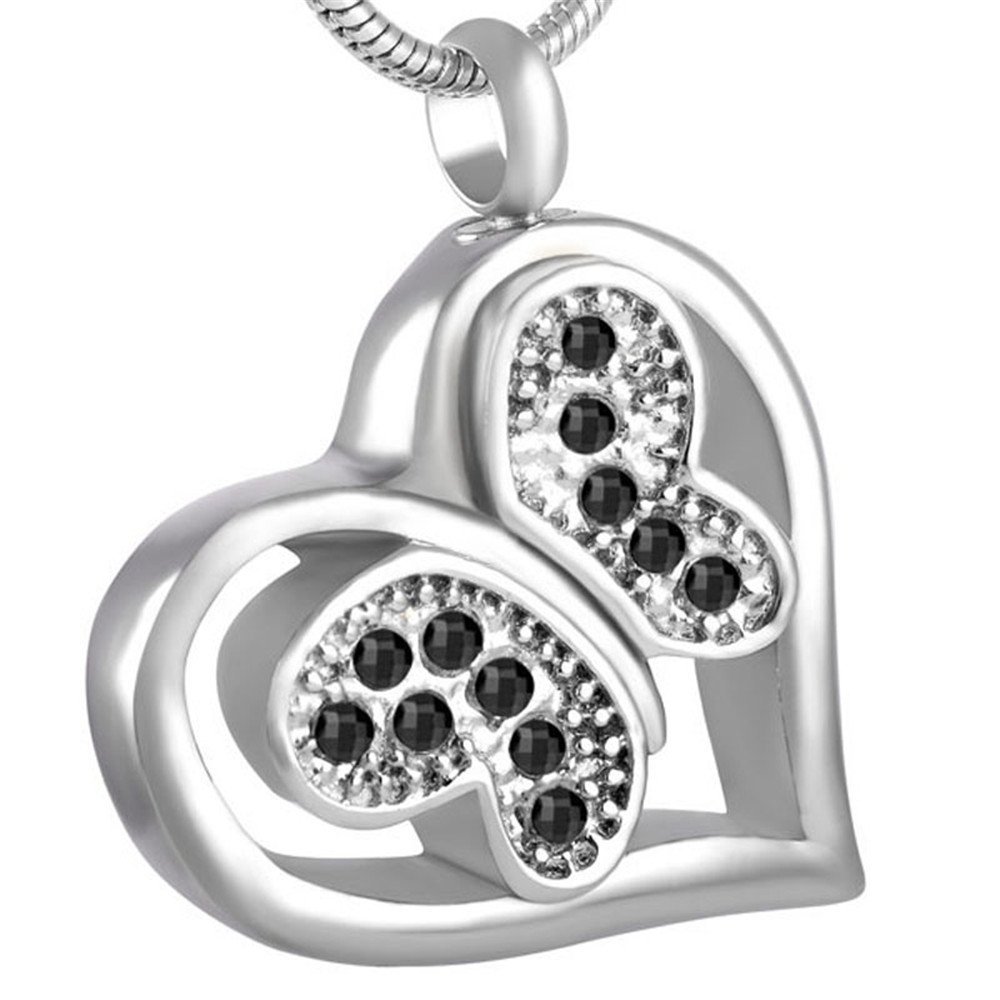 Oinsi Pet Funeral Jewelry Little Butterfly In My Heart Stainless Steel Cremation Urn Necklace Hold Ashes (Black Stone)