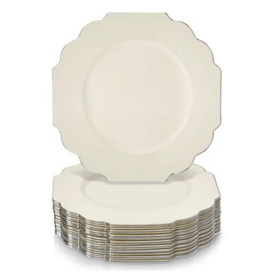 SILVER SPOONS Elegant Plastic Plates for Party with Scalloped Rim (10 PC), Disposable Heavy-Duty Salad Plates for Wedding Reception - 8.25, Fancy Plastic Dinnerware Sets with Silver Edge - Ivory