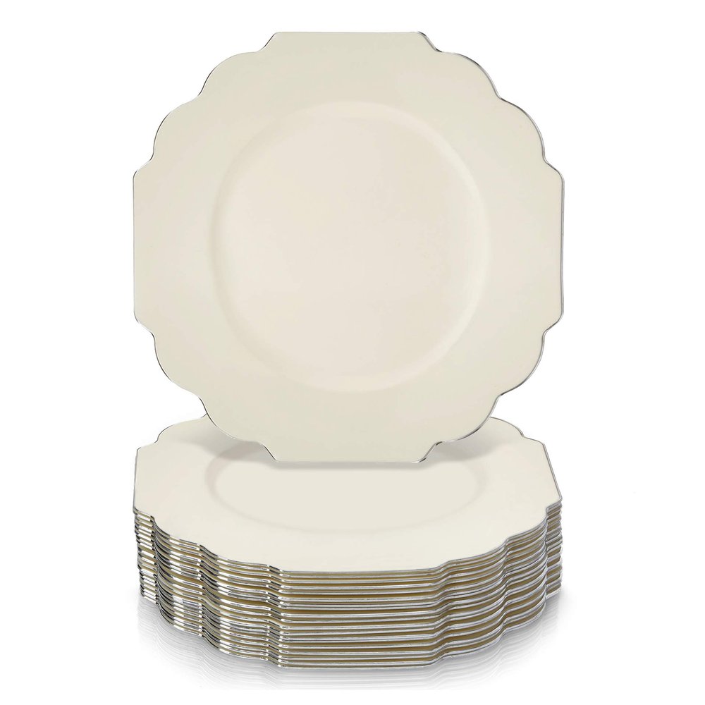 SILVER SPOONS Elegant Plastic Plates for Party with Scalloped Rim (10 PC), Disposable Heavy-Duty Salad Plates for Wedding Reception - 8.25, Fancy Plastic Dinnerware Sets with Silver Edge - Ivory