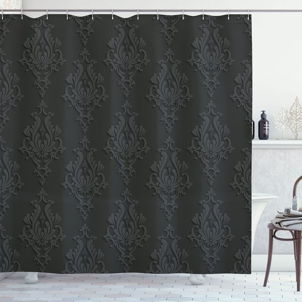 Ambesonne Dark Grey Shower Curtain, Antique Damask Pattern in 3D Style Classic Old Fashioned Floral Design, Cloth Fabric Bathroom Decor Set with Hooks, 69" W x 84" L, Charcoal Grey Dimgrey