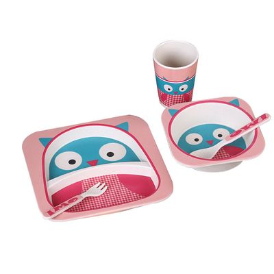 Green Bamboo Fibre Children Tableware Set with Lovely Cartoon Pattern (Owl)