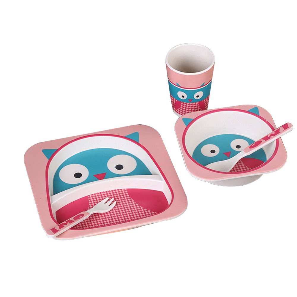 Green Bamboo Fibre Children Tableware Set with Lovely Cartoon Pattern (Owl)