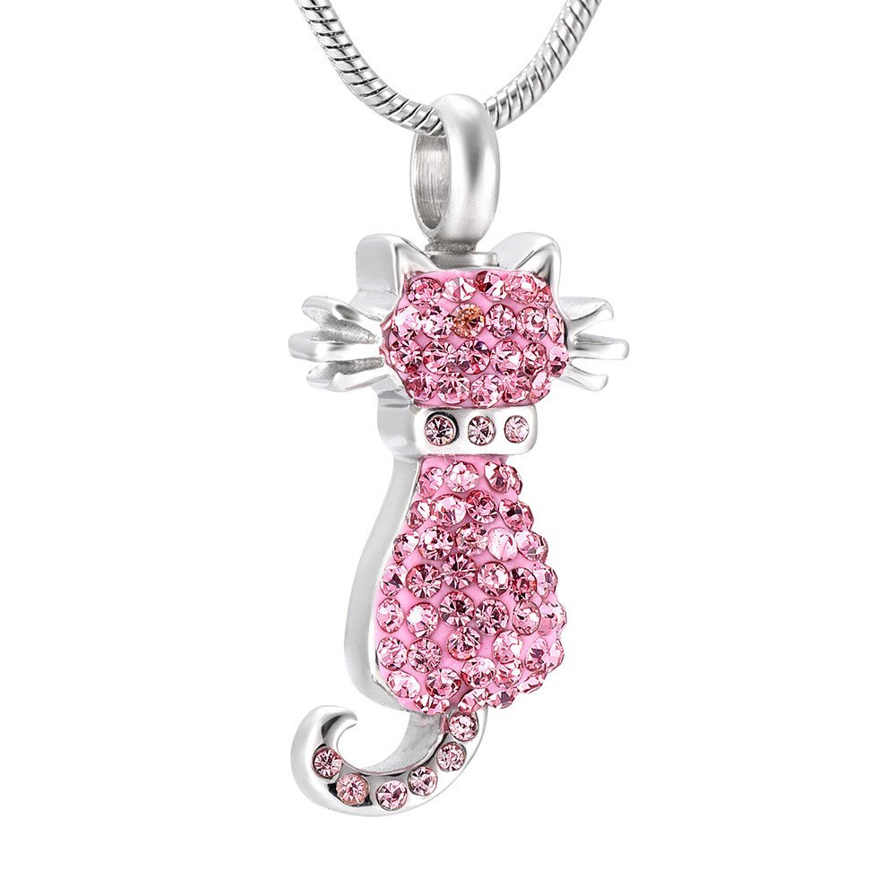 Multi-Colored Crystal Lovely Cat Urns Necklace for Ashes Loss Of Pet Cremation Jewelry+Free Fill Kit (Black Stone)